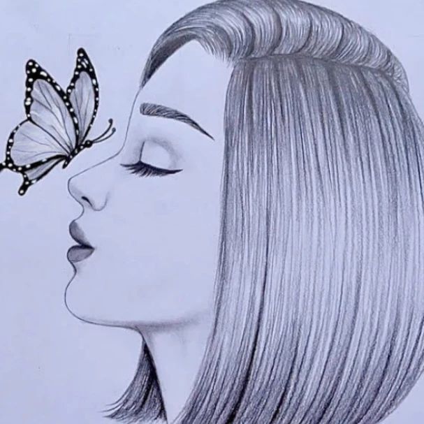 Butterfly in front of girl face